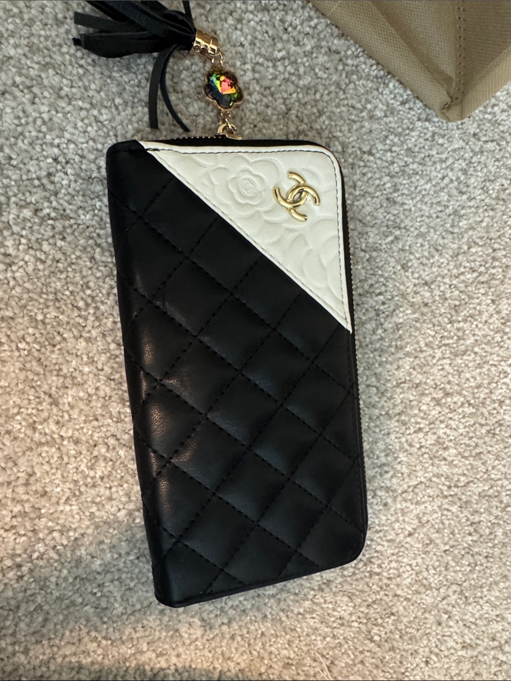 CHANEL Black and White Quilted Zip-Around Wallet with Gold CC